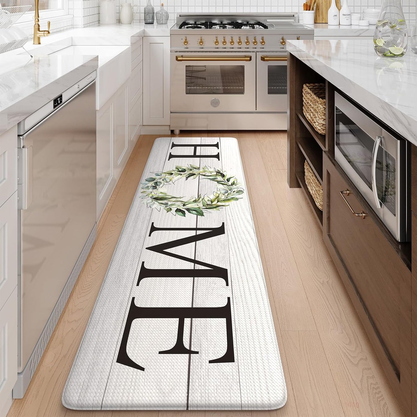 KIMODE Kitchen Anti Fatigue Rug Set of 2, Ergonomic Standing Kitchen Mat Set 2PCS, Farmhouse Kitchen Runner Stain Resistant, Non Slip Waterproof Kitchen Mats for Floor, 20" x 71" + 20" x 32", White