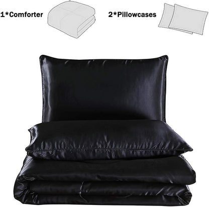 Sisher Satin Comforter Set Queen Size, Black Silk Bedding Set with 2 Pillowcases, Luxury Comforter Bed Sets for Man Woman
