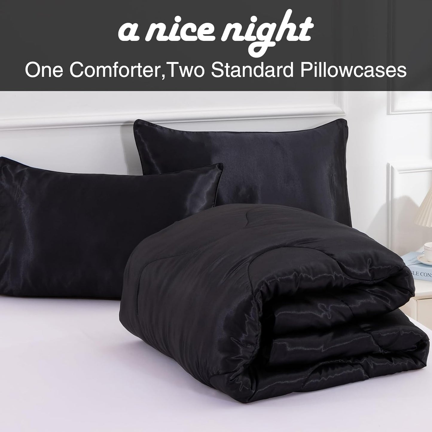 A Nice Night Satin Silky Soft Quilt Luxury Super Soft Microfiber Bedding Thin Comforter Set Full/Queen, Light Weighted (Black, Queen)