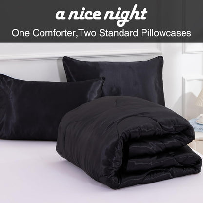 A Nice Night Satin Silky Soft Quilt Luxury Super Soft Microfiber Bedding Thin Comforter Set Full/Queen, Light Weighted (Black, Queen)