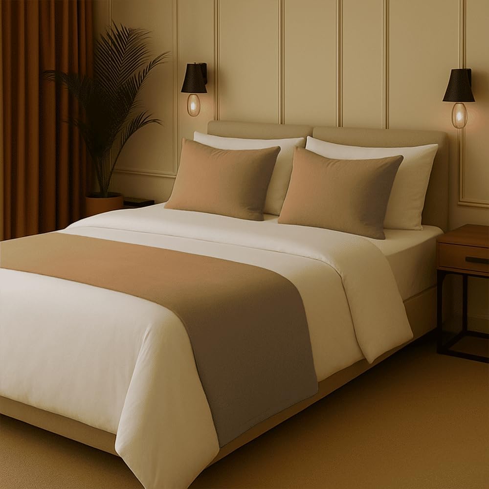 100% Egyptian Cotton Bed Runner Taupe Solid King Size (102x20) 3 Piece Decorative Bed Scarf for Bedroom Hotel Wedding Room with 2 Pillow Shame