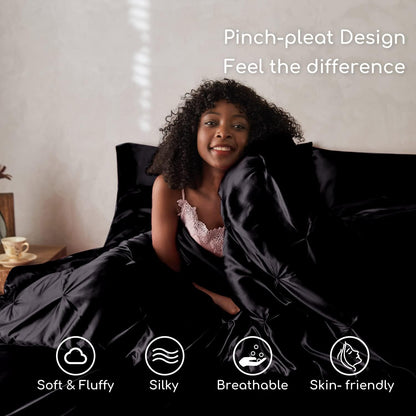 MR&HM Satin Comforter Queen 7 Pieces - Luxurious Pinch Pleat Bedding Set with Comforter, Flat Sheet, Fitted Sheet, Pillowcases & Shams, Super Silky Soft Bed Set for All Season (Queen, Black)