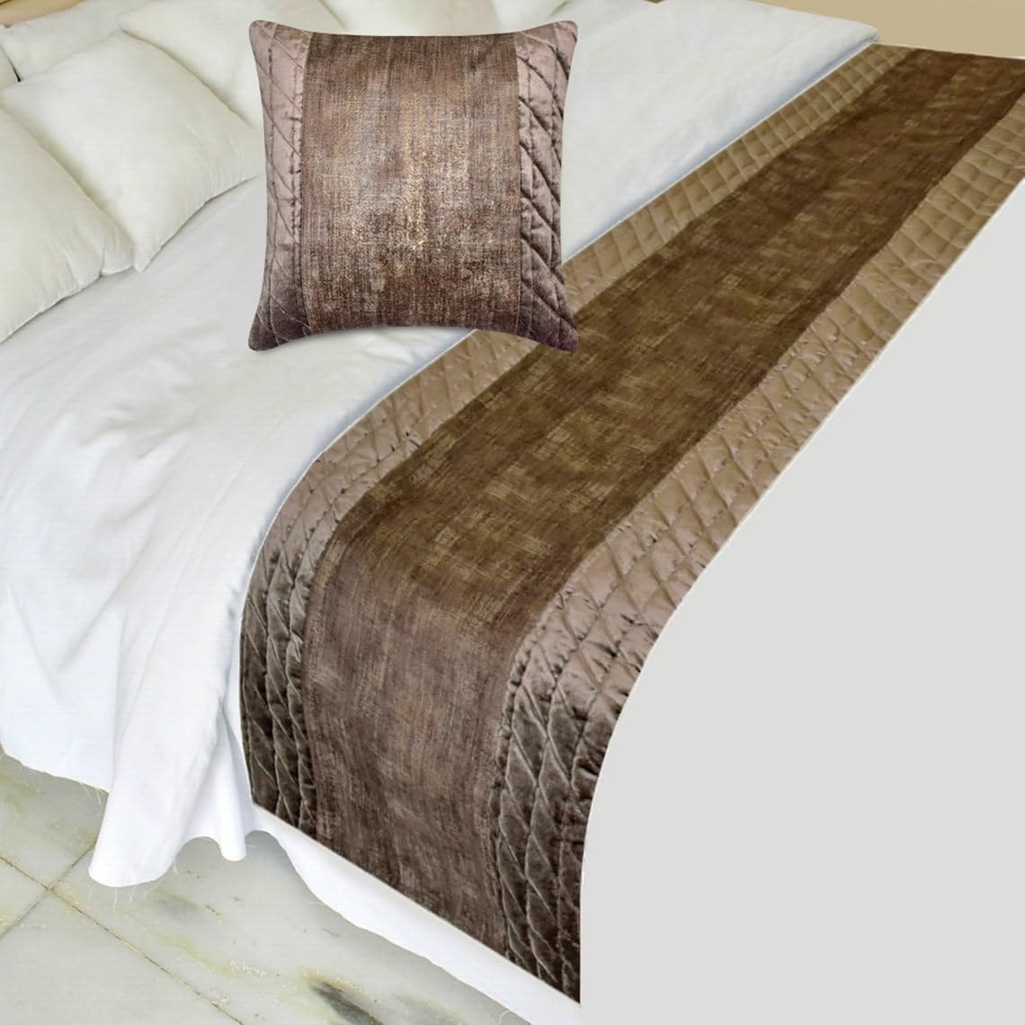 The HomeCentric King/Queen/Twin Brown Decorative Bed Runner King 90"x18" Bed Runner with One Pillow Cover, Quilted, Patchwork, Foil Bed Scarf on Velvet Fabric - Bourbon Bliss
