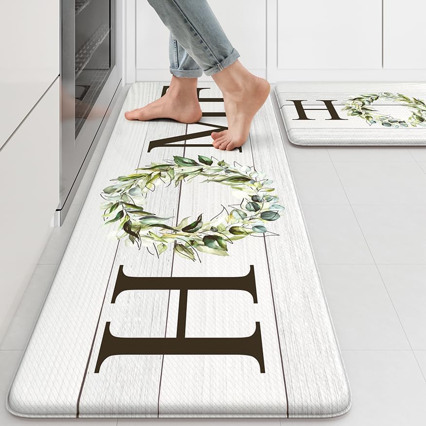 KIMODE Kitchen Anti Fatigue Rug Set of 2, Ergonomic Standing Kitchen Mat Set 2PCS, Farmhouse Kitchen Runner Stain Resistant, Non Slip Waterproof Kitchen Mats for Floor, 20" x 71" + 20" x 32", White