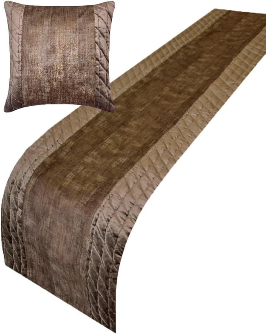 The HomeCentric King/Queen/Twin Brown Decorative Bed Runner King 90"x18" Bed Runner with One Pillow Cover, Quilted, Patchwork, Foil Bed Scarf on Velvet Fabric - Bourbon Bliss