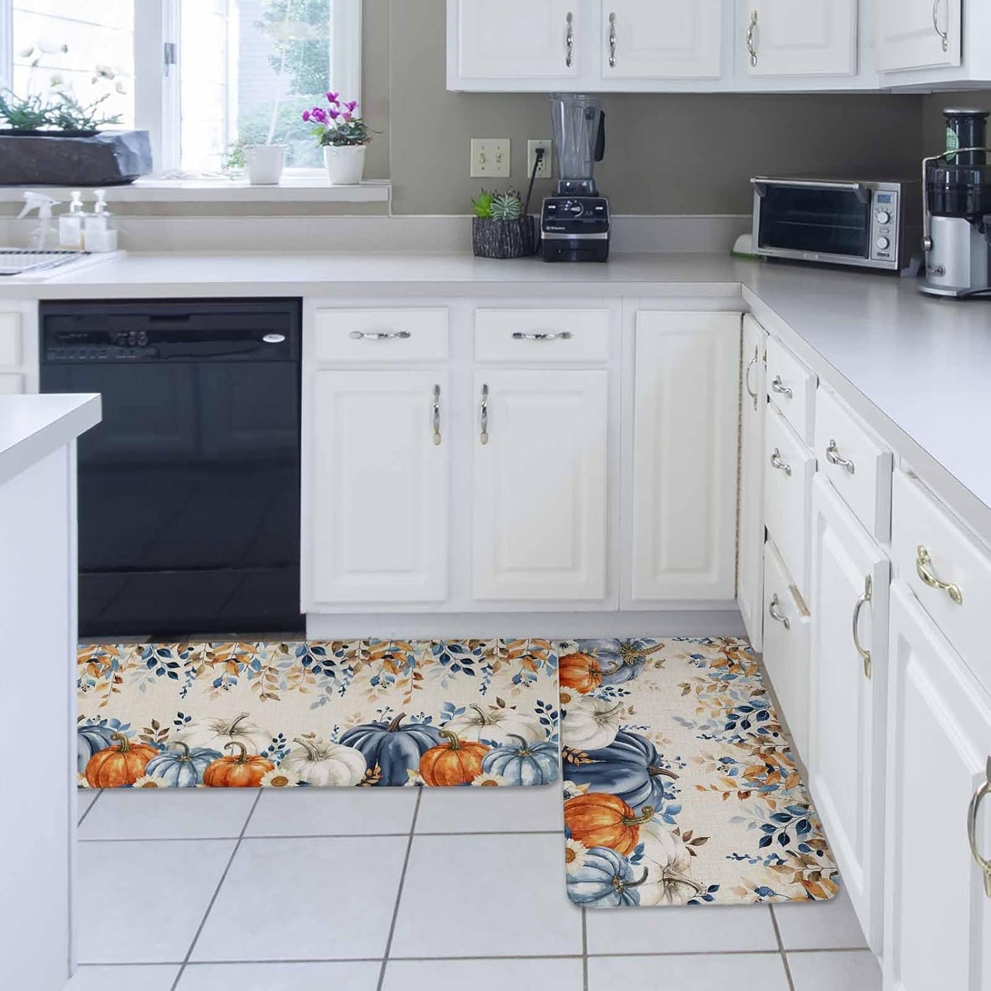 Blue Pumpkins Fall Kitchen Rugs and Mats Set, Thanksgiving Orange White Pumpkin Bathroom Rug Non Slip Floor Mat, Eucalyptus Leaves Botanical Autumn Anti-Fatigue Comfort Mat for Kitchen