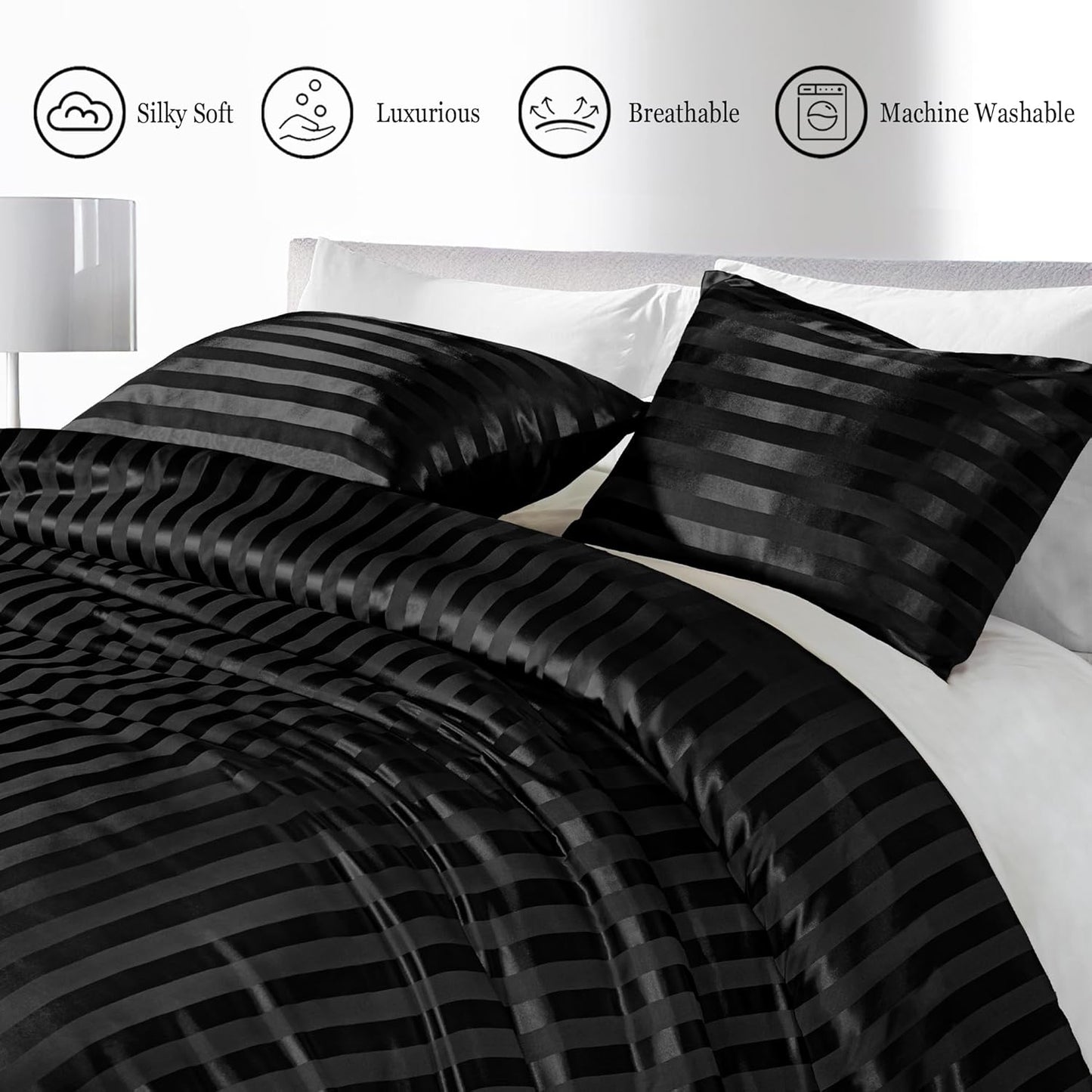 Whale Flotilla 3-Piece Reversible Silky Soft King Size Comforter Set, Luxury Stripe Satin Oversized Comforter Bedding Set with 2 Satin Pillowcases, Lightweight Duvet for All Seasons, Black