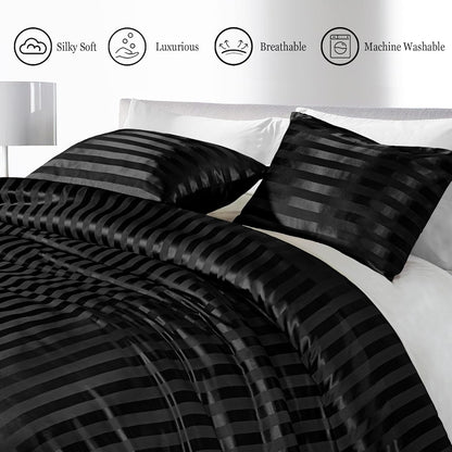 Whale Flotilla 3-Piece Reversible Silky Soft King Size Comforter Set, Luxury Stripe Satin Oversized Comforter Bedding Set with 2 Satin Pillowcases, Lightweight Duvet for All Seasons, Black