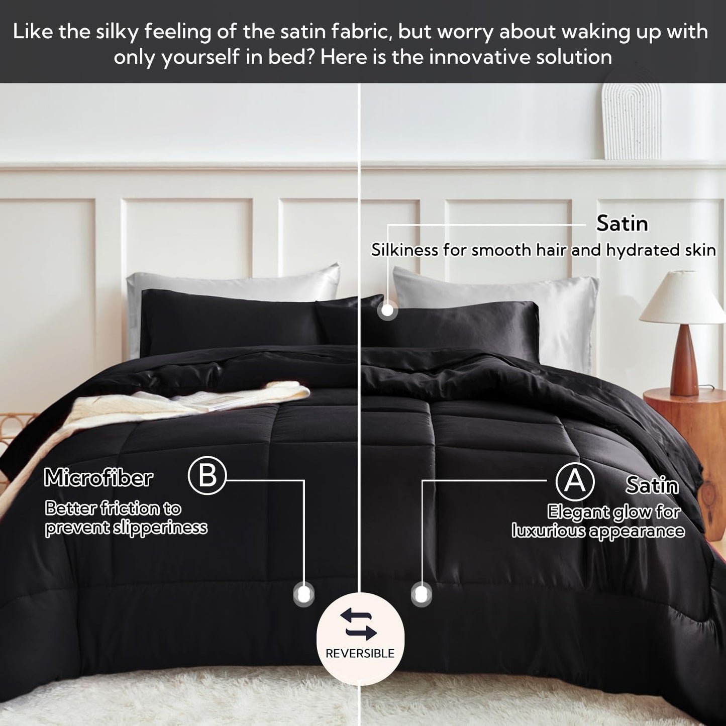 MR&HM Queen Comforter Set Black, Reversible Satin Microfiber Comforter Set for All Seasons, 3 Pieces Non-Slip Silky Soft Bedding Sets with 1 Comforter (90"x90") and 2 Pillowcases (20"x26")