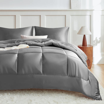 MR&HM Queen Comforter Set Black, Reversible Satin Microfiber Comforter Set for All Seasons, 3 Pieces Non-Slip Silky Soft Bedding Sets with 1 Comforter (90"x90") and 2 Pillowcases (20"x26")