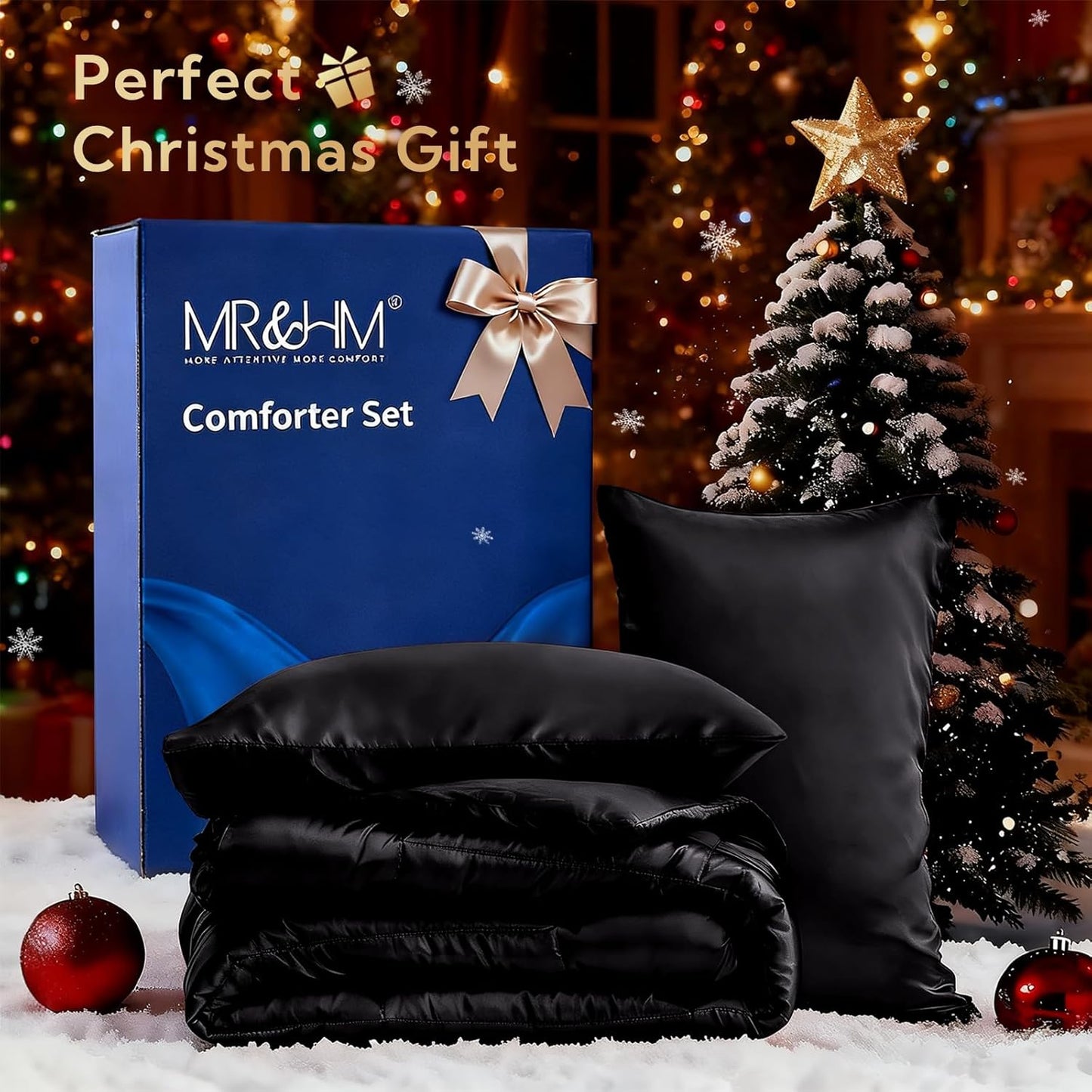 MR&HM Queen Comforter Set Black, Reversible Satin Microfiber Comforter Set for All Seasons, 3 Pieces Non-Slip Silky Soft Bedding Sets with 1 Comforter (90"x90") and 2 Pillowcases (20"x26")
