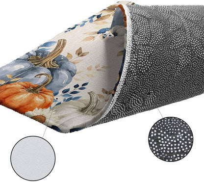 Blue Pumpkins Fall Kitchen Rugs and Mats Set, Thanksgiving Orange White Pumpkin Bathroom Rug Non Slip Floor Mat, Eucalyptus Leaves Botanical Autumn Anti-Fatigue Comfort Mat for Kitchen