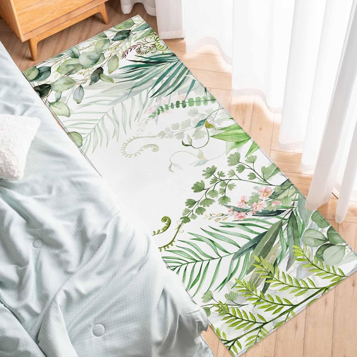 Spring Summer Kitchen Rugs and Mats Set of 2 Green Eucalyptus Leaves Kitchen Sink Mat Watercolor Ferns Plants Non-Slip Area Runner Rug,Washable Floor Mat for Home Dining Room Office 16"x24"+16"x47"