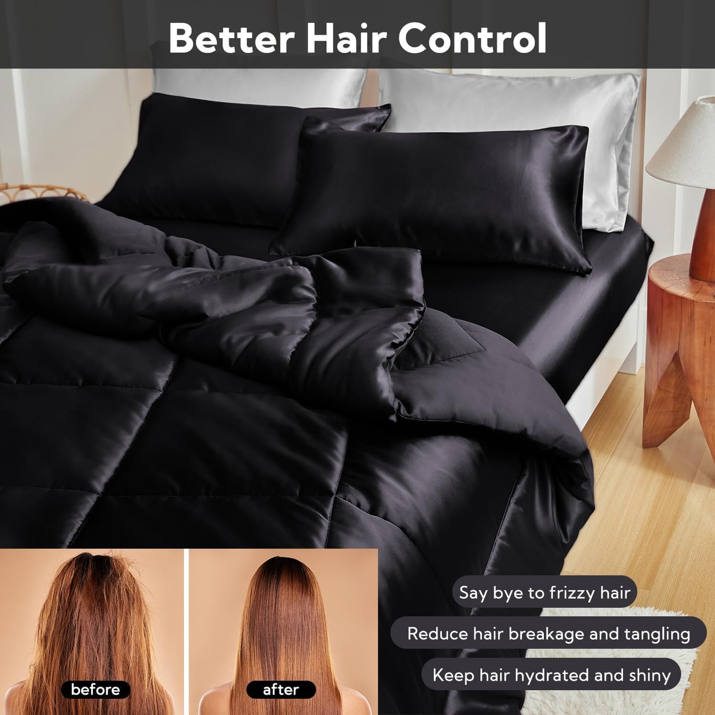 MR&HM Queen Comforter Set Black, Reversible Satin Microfiber Comforter Set for All Seasons, 3 Pieces Non-Slip Silky Soft Bedding Sets with 1 Comforter (90"x90") and 2 Pillowcases (20"x26")