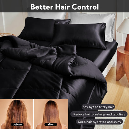MR&HM Queen Comforter Set Black, Reversible Satin Microfiber Comforter Set for All Seasons, 3 Pieces Non-Slip Silky Soft Bedding Sets with 1 Comforter (90"x90") and 2 Pillowcases (20"x26")