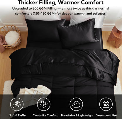 MR&HM Queen Comforter Set Black, Reversible Satin Microfiber Comforter Set for All Seasons, 3 Pieces Non-Slip Silky Soft Bedding Sets with 1 Comforter (90"x90") and 2 Pillowcases (20"x26")