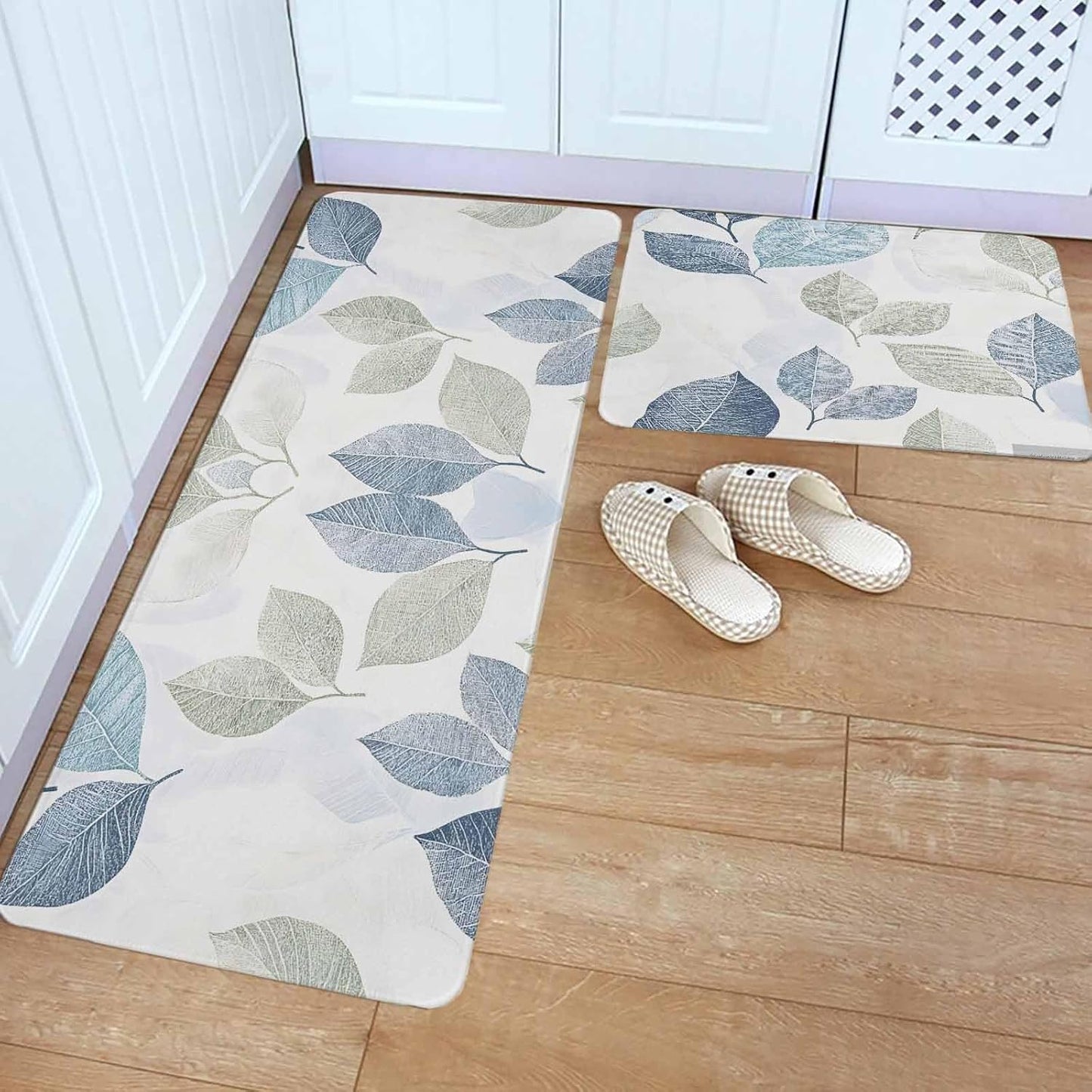 Sage Green Blue Leaves Kitchen Rugs and Mats Set of 2, Non-Slip Kitchen Sink Mat, Vintage Rustic Botanical Doormat Bathroom Rugs Runner for Bedroom/Living Room 19.7"x31.5"+19.7"x63"