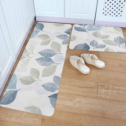 Sage Green Blue Leaves Kitchen Rugs and Mats Set of 2, Non-Slip Kitchen Sink Mat, Vintage Rustic Botanical Doormat Bathroom Rugs Runner for Bedroom/Living Room 19.7"x31.5"+19.7"x63"
