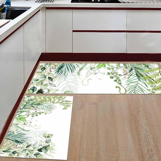 Spring Summer Kitchen Rugs and Mats Set of 2 Green Eucalyptus Leaves Kitchen Sink Mat Watercolor Ferns Plants Non-Slip Area Runner Rug,Washable Floor Mat for Home Dining Room Office 16"x24"+16"x47"