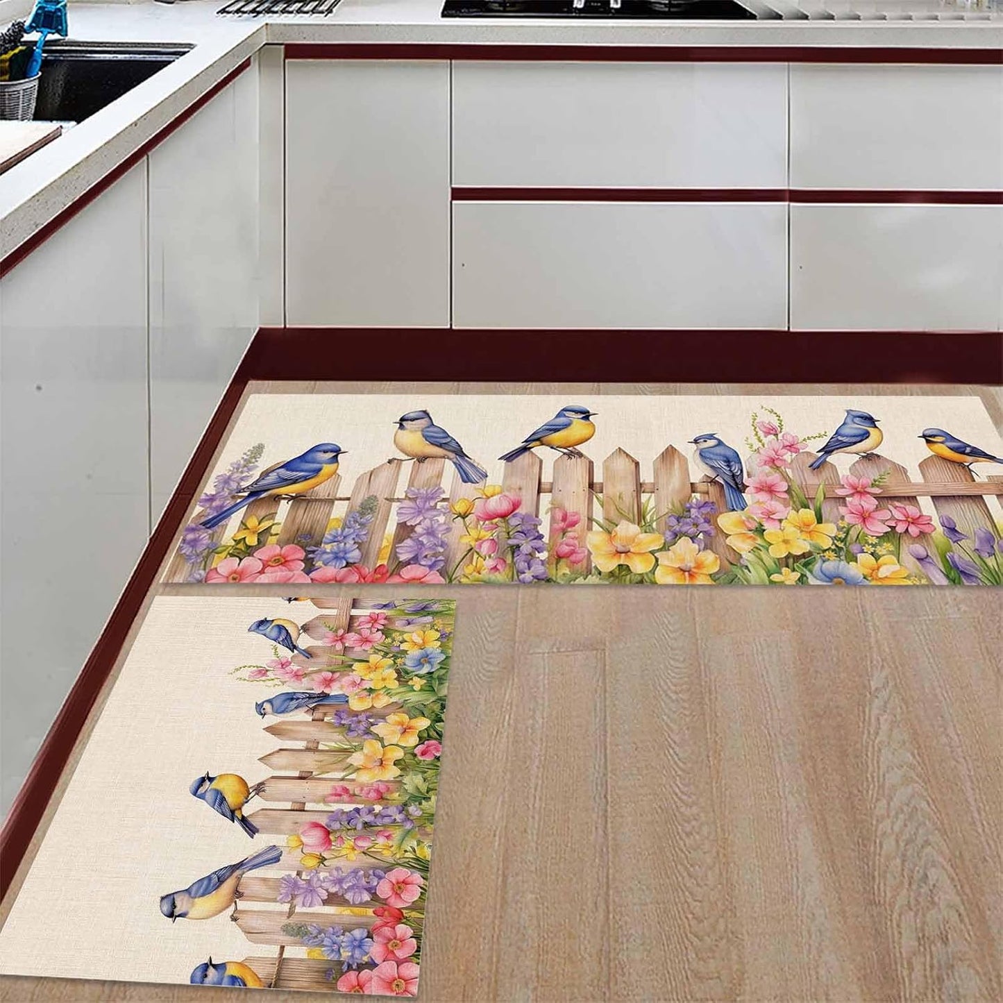 Spring Summer Kitchen Rugs and Mats Set of 2 Green Eucalyptus Leaves Kitchen Sink Mat Watercolor Ferns Plants Non-Slip Area Runner Rug,Washable Floor Mat for Home Dining Room Office 16"x24"+16"x47"