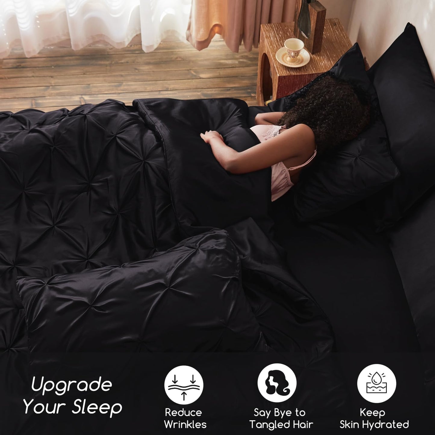 MR&HM Satin Comforter Queen 7 Pieces - Luxurious Pinch Pleat Bedding Set with Comforter, Flat Sheet, Fitted Sheet, Pillowcases & Shams, Super Silky Soft Bed Set for All Season (Queen, Black)