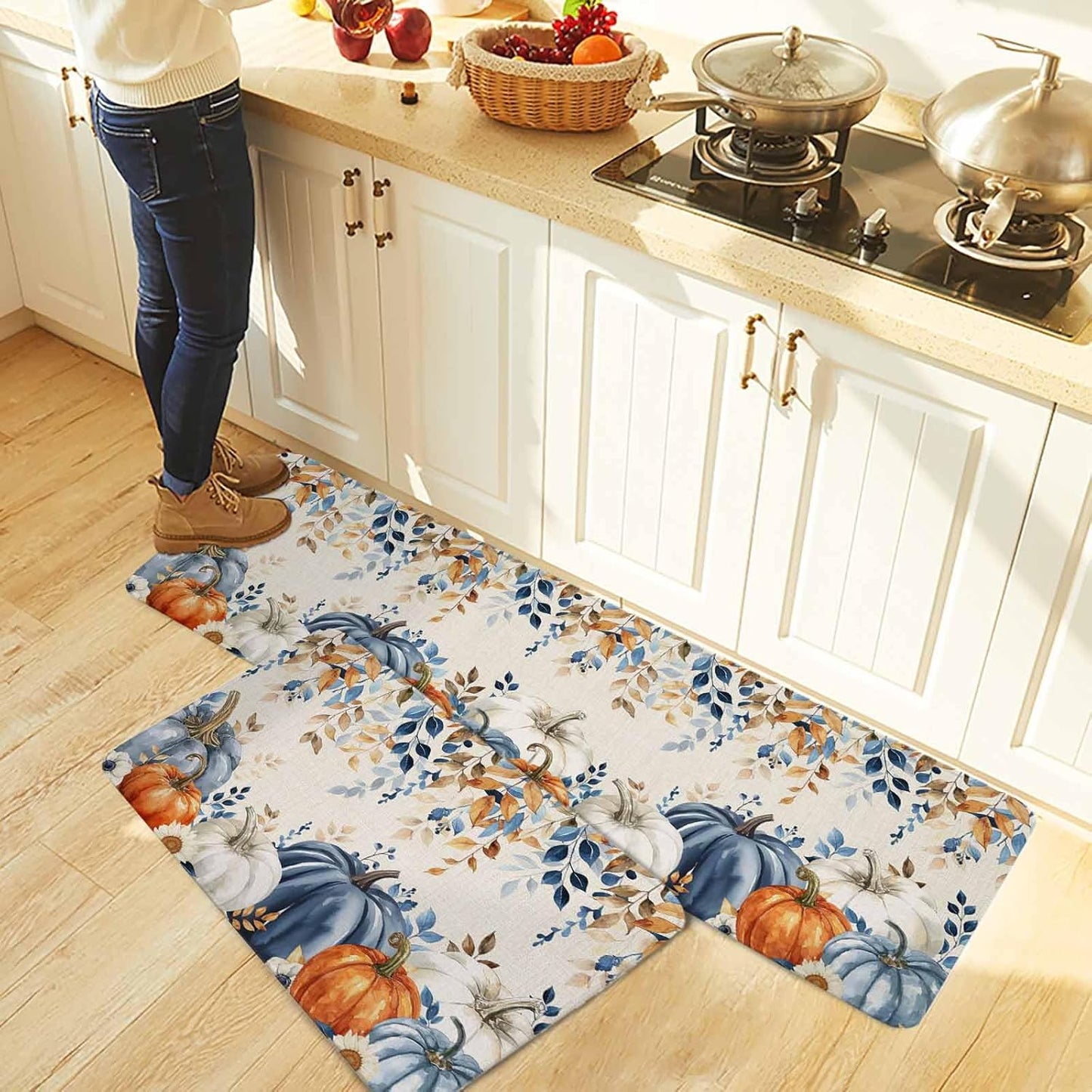 Blue Pumpkins Fall Kitchen Rugs and Mats Set, Thanksgiving Orange White Pumpkin Bathroom Rug Non Slip Floor Mat, Eucalyptus Leaves Botanical Autumn Anti-Fatigue Comfort Mat for Kitchen