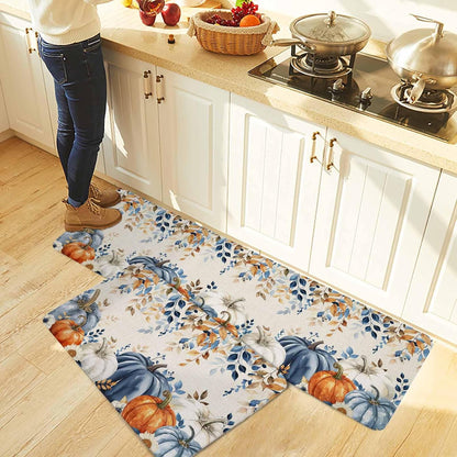 Blue Pumpkins Fall Kitchen Rugs and Mats Set, Thanksgiving Orange White Pumpkin Bathroom Rug Non Slip Floor Mat, Eucalyptus Leaves Botanical Autumn Anti-Fatigue Comfort Mat for Kitchen