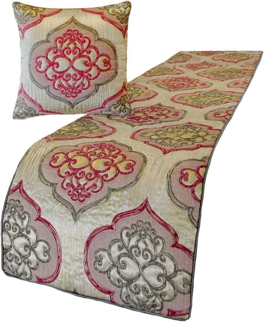 The HomeCentric King/Queen/Twin Blue Designer King 90"x18" Bed Runner with 2 Pillow Cover, Floral, Embroidered, Jute Lace & Lace Bed Scarf on Cotton Fabric - Morning Glories