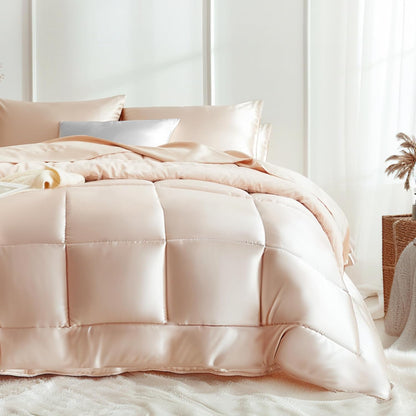 MR&HM Queen Comforter Set Black, Reversible Satin Microfiber Comforter Set for All Seasons, 3 Pieces Non-Slip Silky Soft Bedding Sets with 1 Comforter (90"x90") and 2 Pillowcases (20"x26")