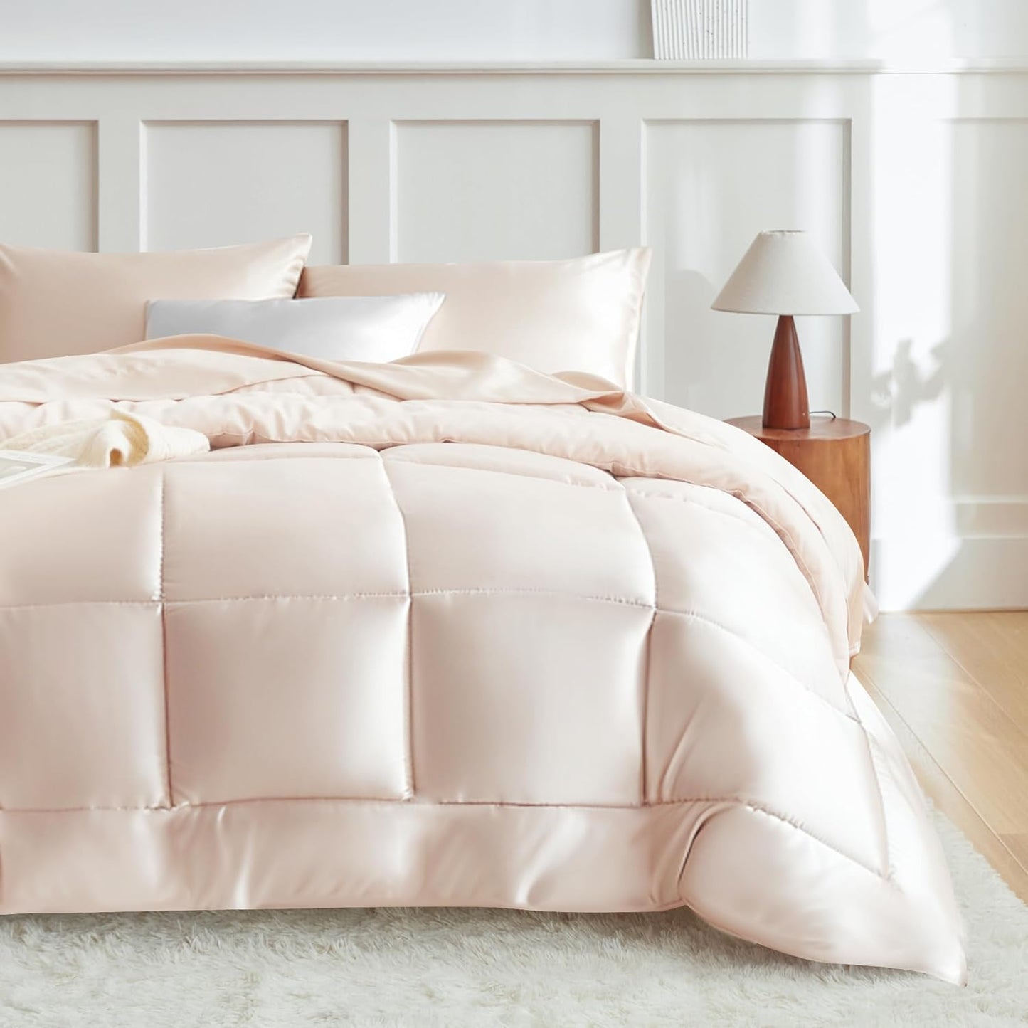 MR&HM Queen Comforter Set Black, Reversible Satin Microfiber Comforter Set for All Seasons, 3 Pieces Non-Slip Silky Soft Bedding Sets with 1 Comforter (90"x90") and 2 Pillowcases (20"x26")