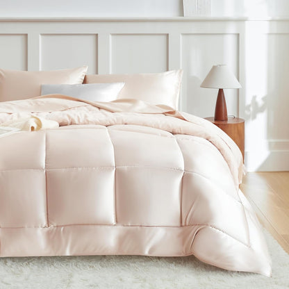 MR&HM Queen Comforter Set Black, Reversible Satin Microfiber Comforter Set for All Seasons, 3 Pieces Non-Slip Silky Soft Bedding Sets with 1 Comforter (90"x90") and 2 Pillowcases (20"x26")