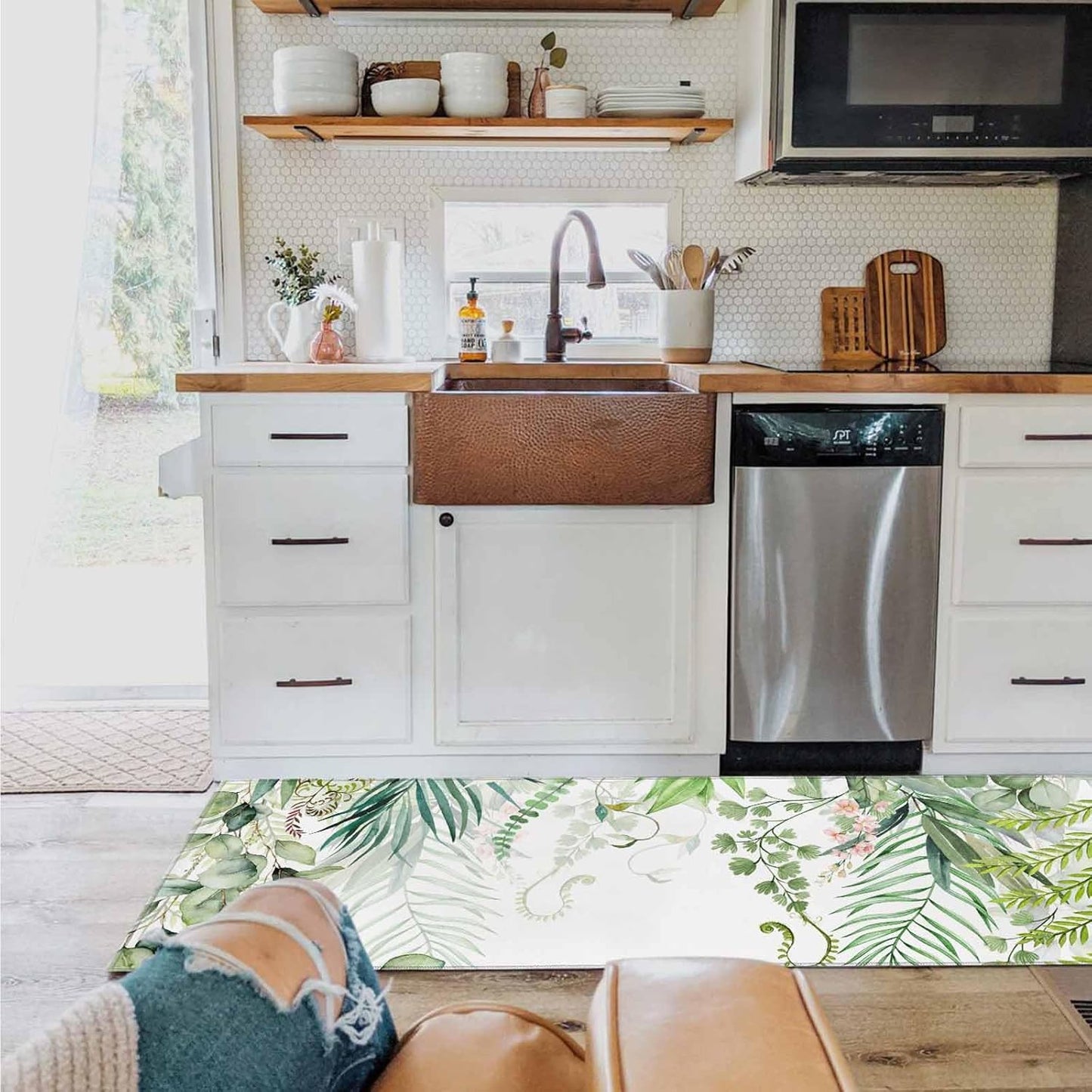 Spring Summer Kitchen Rugs and Mats Set of 2 Green Eucalyptus Leaves Kitchen Sink Mat Watercolor Ferns Plants Non-Slip Area Runner Rug,Washable Floor Mat for Home Dining Room Office 16"x24"+16"x47"