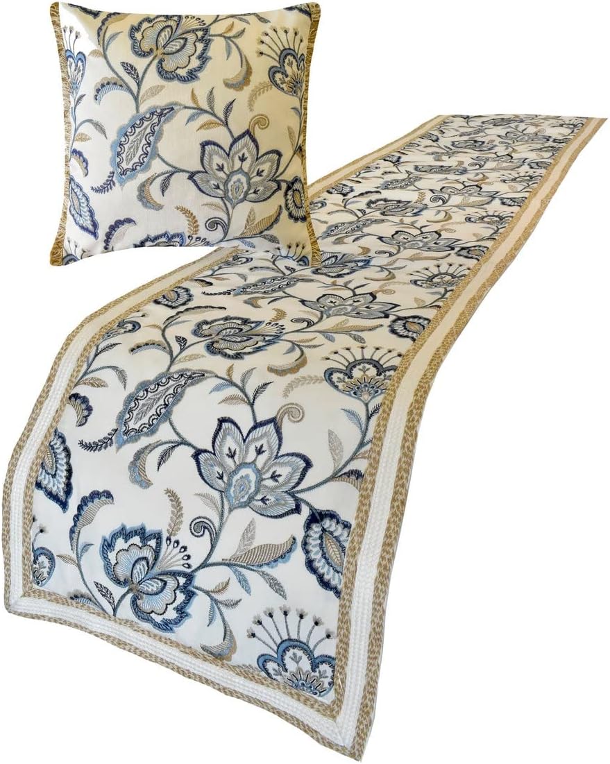 The HomeCentric King/Queen/Twin Blue Designer King 90"x18" Bed Runner with 2 Pillow Cover, Floral, Embroidered, Jute Lace & Lace Bed Scarf on Cotton Fabric - Morning Glories
