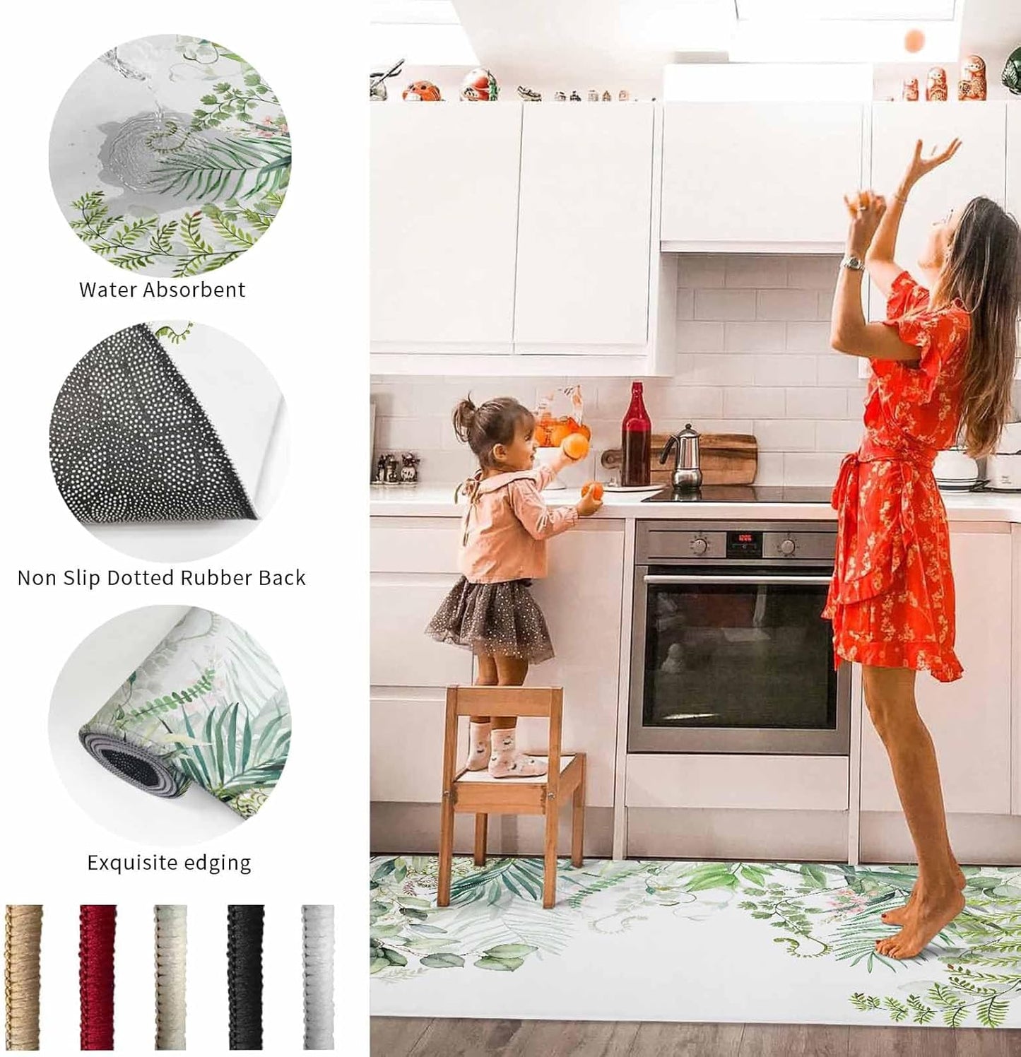 Spring Summer Kitchen Rugs and Mats Set of 2 Green Eucalyptus Leaves Kitchen Sink Mat Watercolor Ferns Plants Non-Slip Area Runner Rug,Washable Floor Mat for Home Dining Room Office 16"x24"+16"x47"