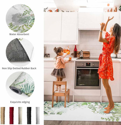 Spring Summer Kitchen Rugs and Mats Set of 2 Green Eucalyptus Leaves Kitchen Sink Mat Watercolor Ferns Plants Non-Slip Area Runner Rug,Washable Floor Mat for Home Dining Room Office 16"x24"+16"x47"