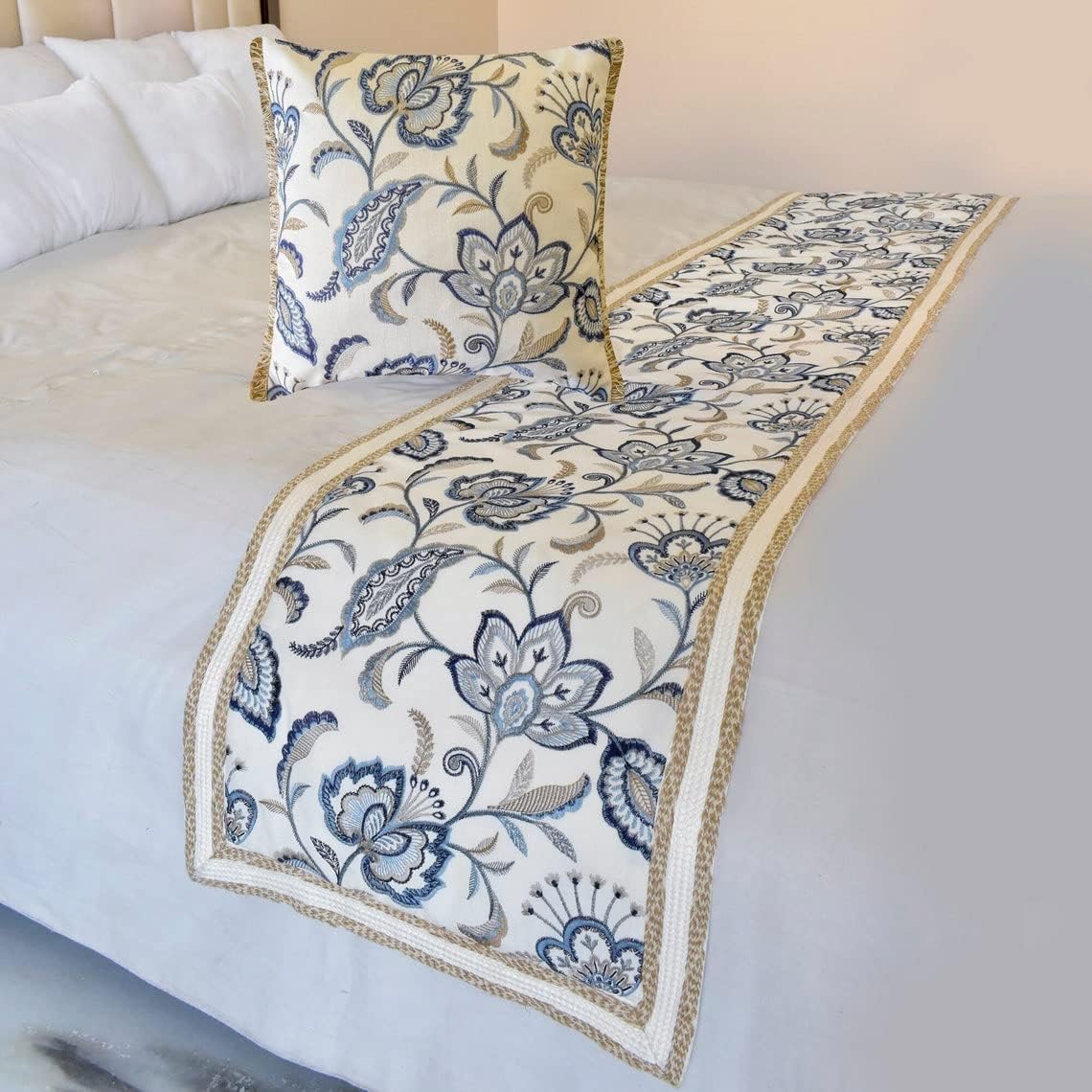 The HomeCentric King/Queen/Twin Blue Designer King 90"x18" Bed Runner with 2 Pillow Cover, Floral, Embroidered, Jute Lace & Lace Bed Scarf on Cotton Fabric - Morning Glories