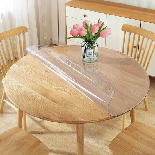60 Inch Diameter Clear Round Plastic Table Cover Vinyl Tablecloth Clear PVC Placemats Circle Desk Pad Dining Coffee Table Wood Furniture Protector Wipeable Water Resistant Table Runner Protector