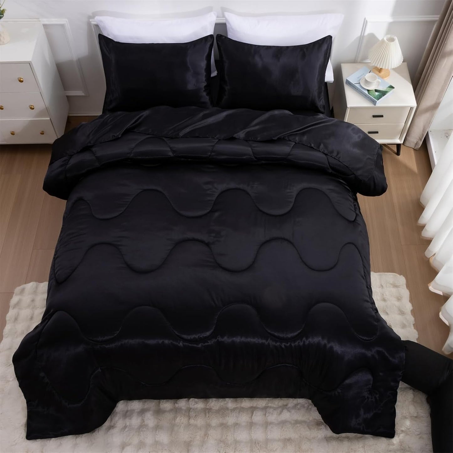 A Nice Night Satin Silky Soft Quilt Luxury Super Soft Microfiber Bedding Thin Comforter Set Full/Queen, Light Weighted (Black, Queen)