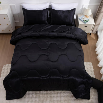 A Nice Night Satin Silky Soft Quilt Luxury Super Soft Microfiber Bedding Thin Comforter Set Full/Queen, Light Weighted (Black, Queen)