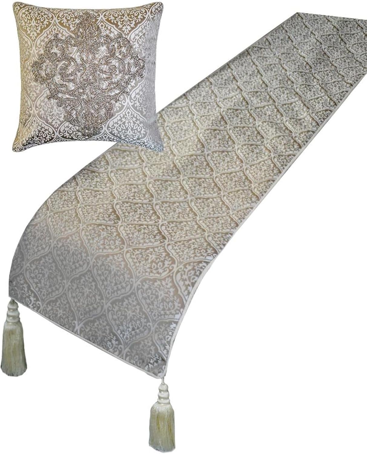 The HomeCentric King/Queen/Twin Blue Designer King 90"x18" Bed Runner with 2 Pillow Cover, Floral, Embroidered, Jute Lace & Lace Bed Scarf on Cotton Fabric - Morning Glories