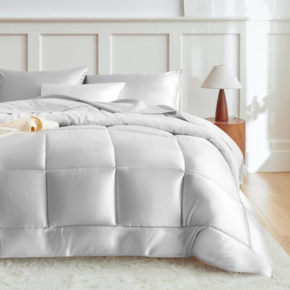 MR&HM Queen Comforter Set Black, Reversible Satin Microfiber Comforter Set for All Seasons, 3 Pieces Non-Slip Silky Soft Bedding Sets with 1 Comforter (90"x90") and 2 Pillowcases (20"x26")