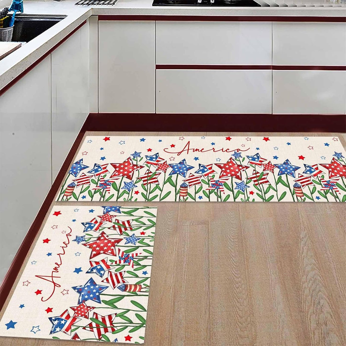 Spring Summer Kitchen Rugs and Mats Set of 2 Green Eucalyptus Leaves Kitchen Sink Mat Watercolor Ferns Plants Non-Slip Area Runner Rug,Washable Floor Mat for Home Dining Room Office 16"x24"+16"x47"