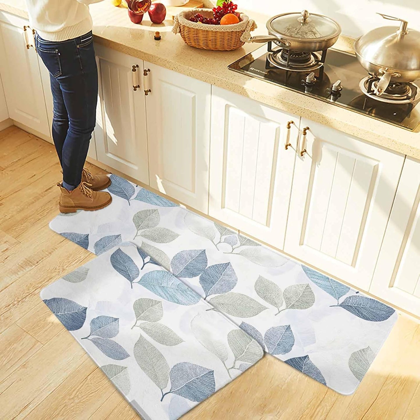 Sage Green Blue Leaves Kitchen Rugs and Mats Set of 2, Non-Slip Kitchen Sink Mat, Vintage Rustic Botanical Doormat Bathroom Rugs Runner for Bedroom/Living Room 19.7"x31.5"+19.7"x63"
