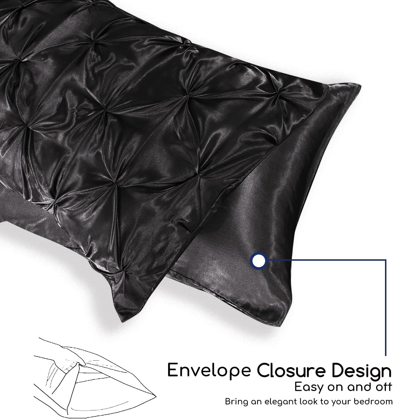 MR&HM Satin Comforter Queen 7 Pieces - Luxurious Pinch Pleat Bedding Set with Comforter, Flat Sheet, Fitted Sheet, Pillowcases & Shams, Super Silky Soft Bed Set for All Season (Queen, Black)