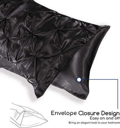 MR&HM Satin Comforter Queen 7 Pieces - Luxurious Pinch Pleat Bedding Set with Comforter, Flat Sheet, Fitted Sheet, Pillowcases & Shams, Super Silky Soft Bed Set for All Season (Queen, Black)