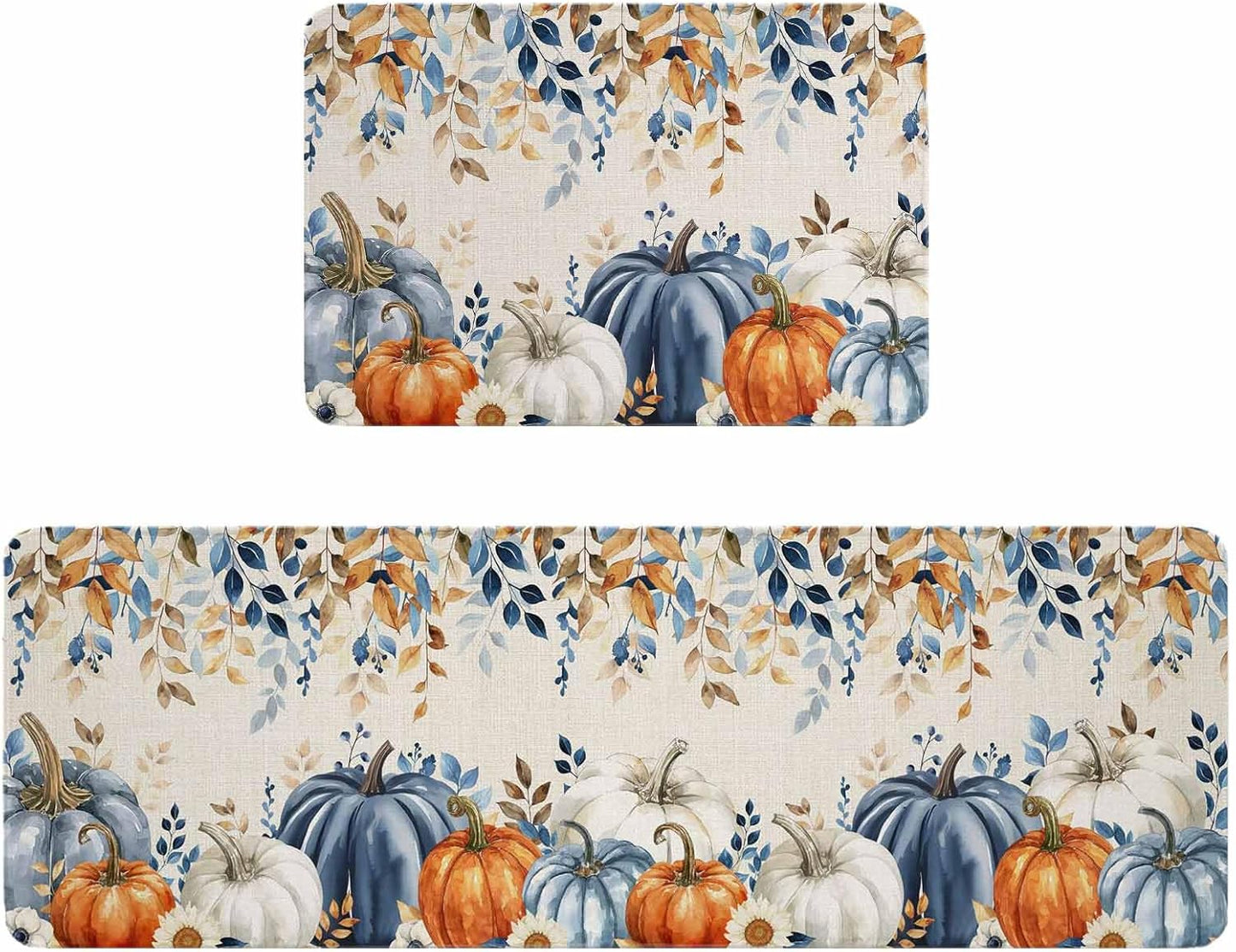 Blue Pumpkins Fall Kitchen Rugs and Mats Set, Thanksgiving Orange White Pumpkin Bathroom Rug Non Slip Floor Mat, Eucalyptus Leaves Botanical Autumn Anti-Fatigue Comfort Mat for Kitchen