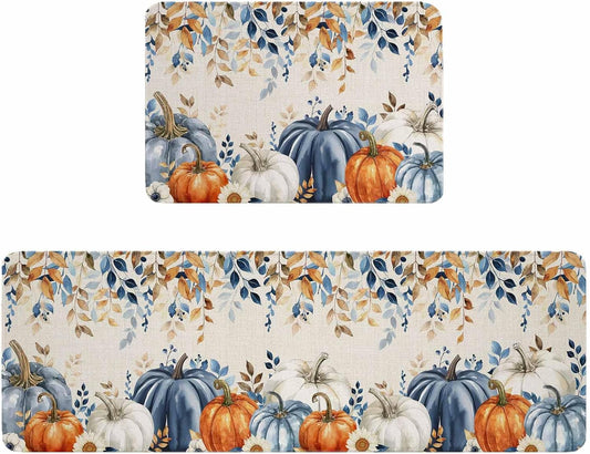 Blue Pumpkins Fall Kitchen Rugs and Mats Set, Thanksgiving Orange White Pumpkin Bathroom Rug Non Slip Floor Mat, Eucalyptus Leaves Botanical Autumn Anti-Fatigue Comfort Mat for Kitchen