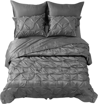MR&HM Satin Comforter Queen 7 Pieces - Luxurious Pinch Pleat Bedding Set with Comforter, Flat Sheet, Fitted Sheet, Pillowcases & Shams, Super Silky Soft Bed Set for All Season (Queen, Black)