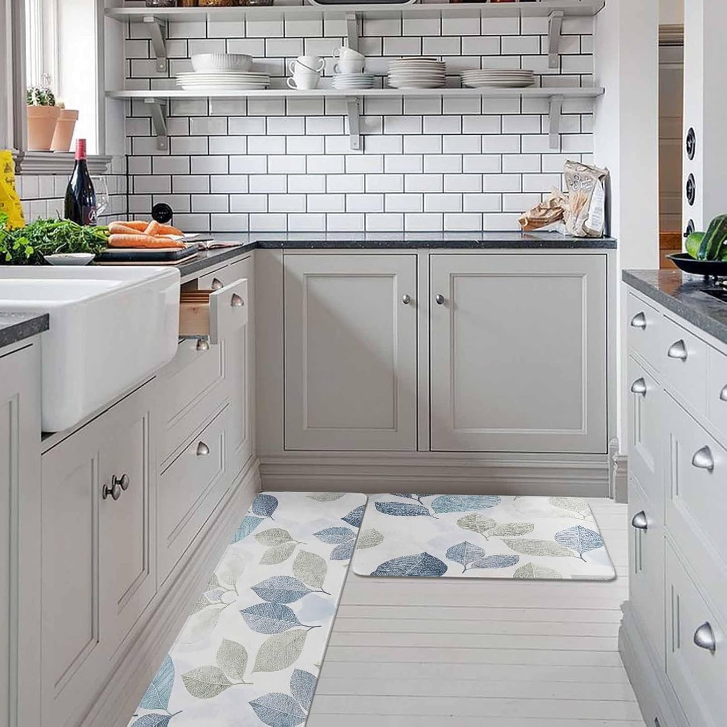 Sage Green Blue Leaves Kitchen Rugs and Mats Set of 2, Non-Slip Kitchen Sink Mat, Vintage Rustic Botanical Doormat Bathroom Rugs Runner for Bedroom/Living Room 19.7"x31.5"+19.7"x63"