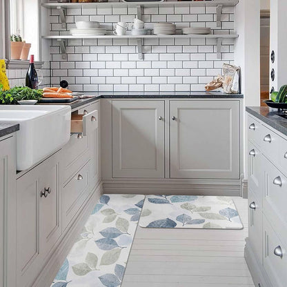 Sage Green Blue Leaves Kitchen Rugs and Mats Set of 2, Non-Slip Kitchen Sink Mat, Vintage Rustic Botanical Doormat Bathroom Rugs Runner for Bedroom/Living Room 19.7"x31.5"+19.7"x63"